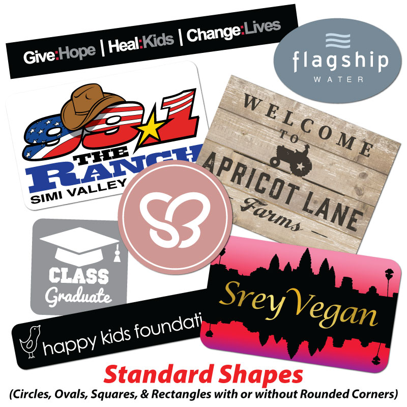 Decals cut to standard shapes; circles, ovals, squares, and rectangles with or without rounded corners